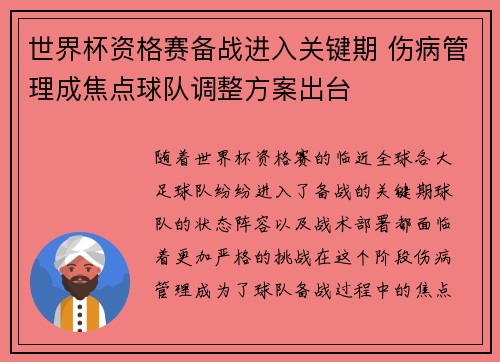 世界杯资格赛备战进入关键期 伤病管理成焦点球队调整方案出台